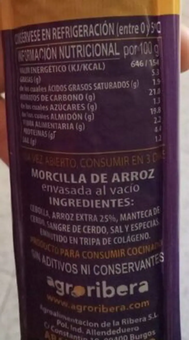 Morcilla de arroz nutrition facts table