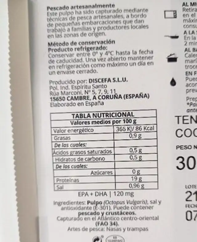 Tentáculos de pulpo cocido refrigerado ingredients label