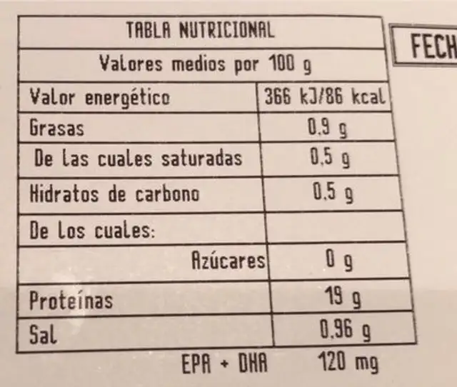 Pulpo nutrition facts table