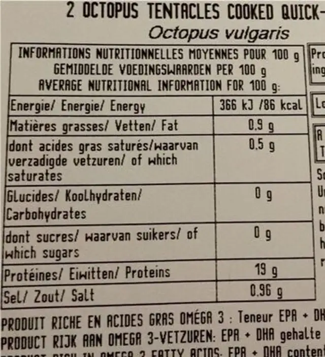 El Rey del Pulpo nutrition facts table
