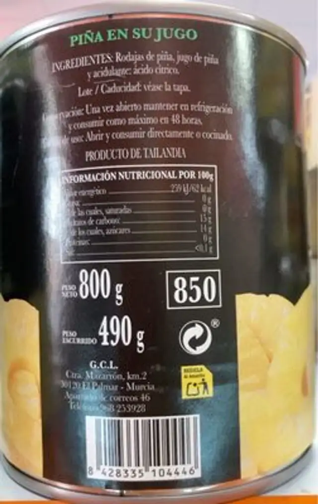 Piña en su jugo nutrition facts table