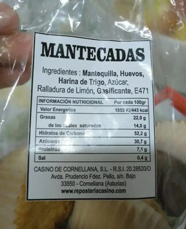 Mantecadas nutrition facts table
