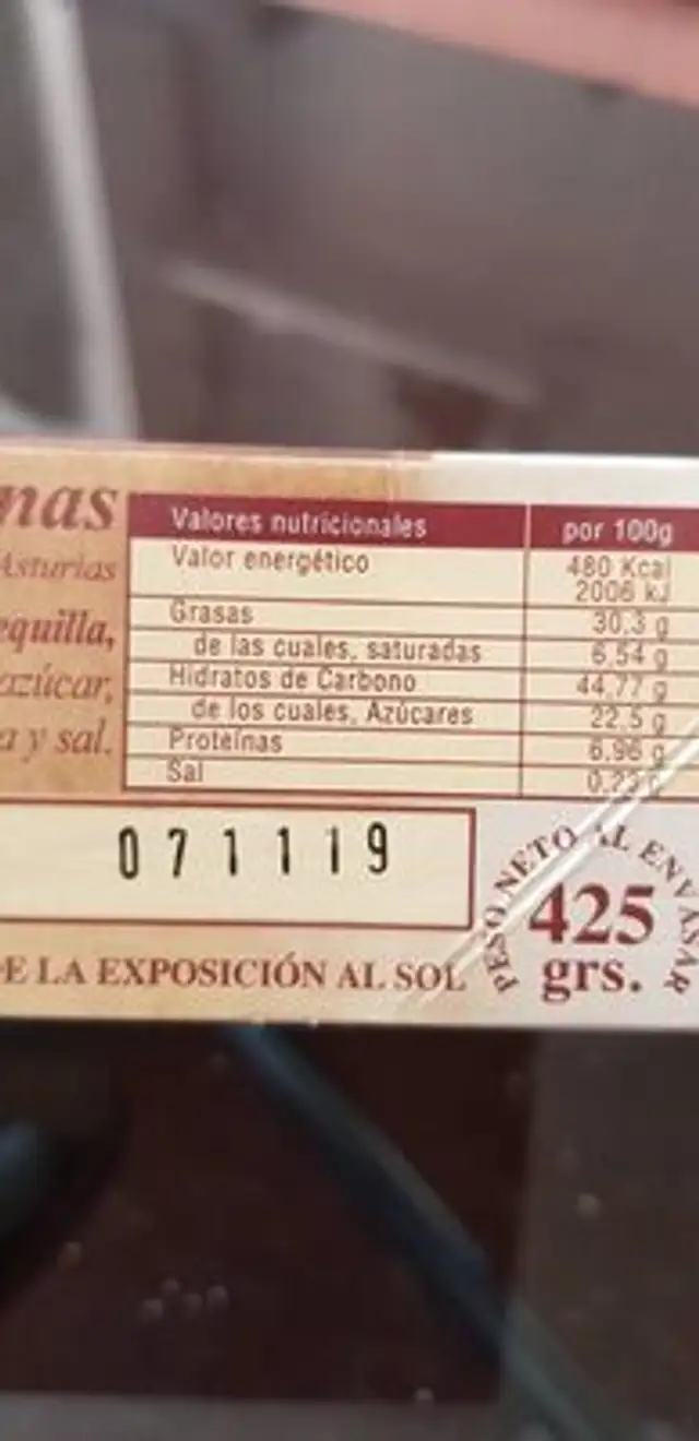 Casadiellas nutrition facts table