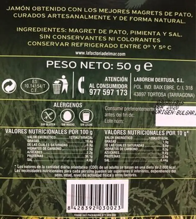 Jamon curado de pato nutrition facts table