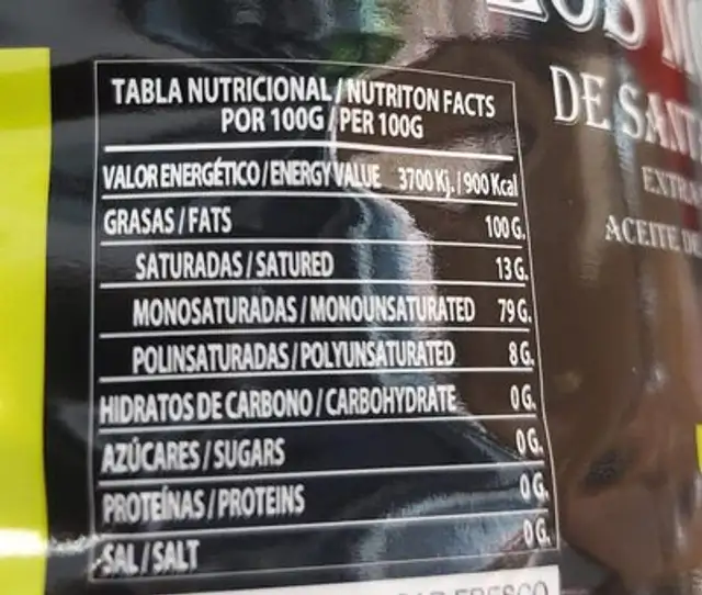 Aceite de oliva virgen extra nutrition facts table