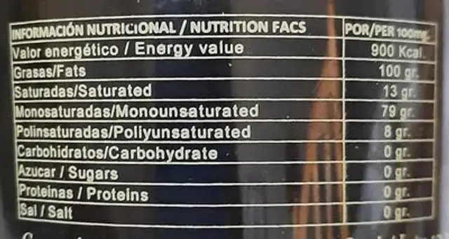 Aceite de oliva Virgen Extra. Picual nutrition facts table