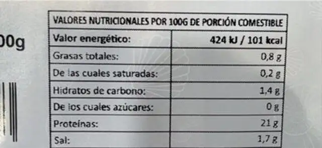 Langostinos nutrition facts table