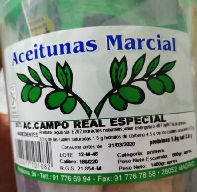 Aceitunas marcial nutrition facts table