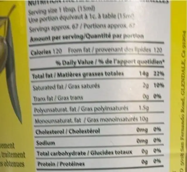Olive Oil nutrition facts table