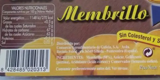 Carne de membrillo ingredients label
