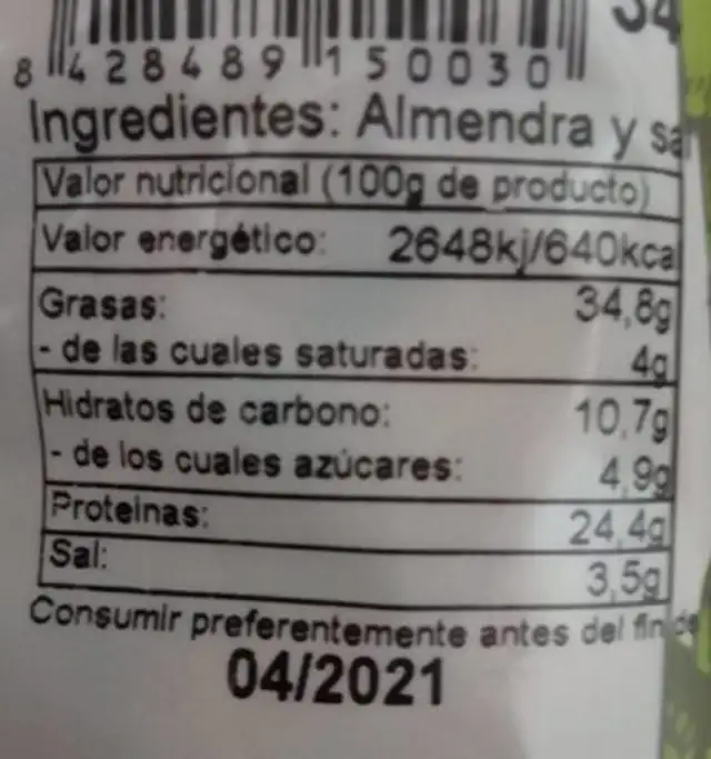 Almendras tostadas nutrition facts table