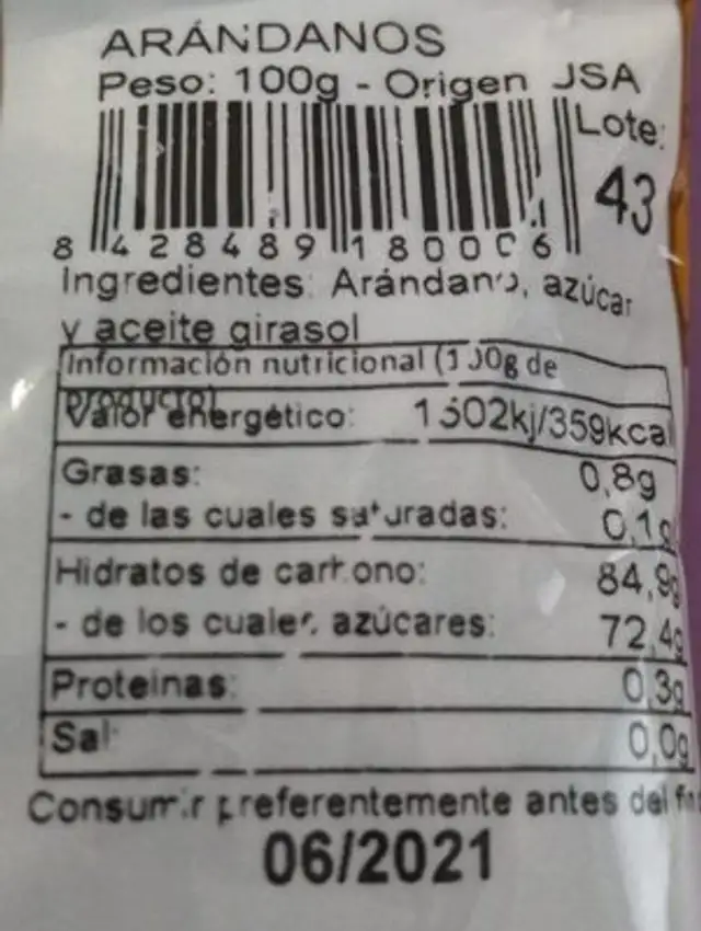 Arándanos sagacor nutrition facts table