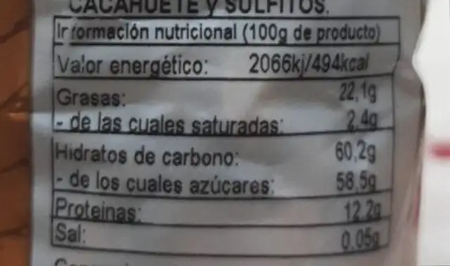 Cacahuete caramelizado nutrition facts table