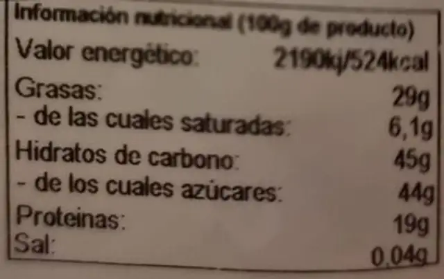 Cacahuete caramelizado nutrition facts table