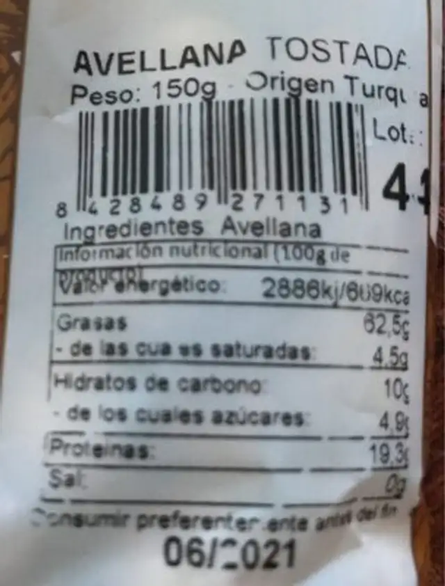 Avellanas sin sal nutrition facts table