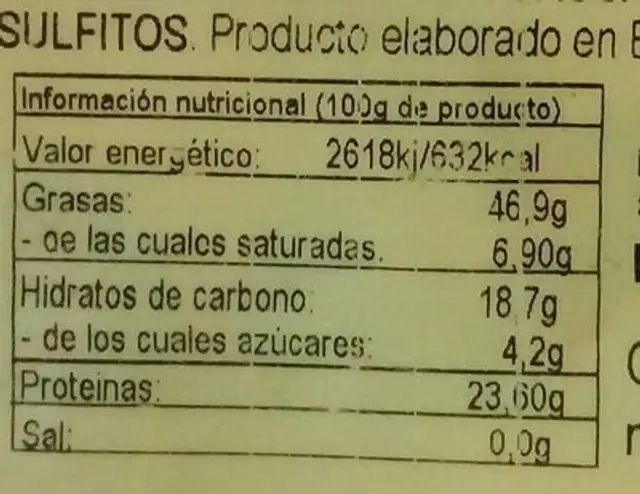 frutos secos nutrition facts table