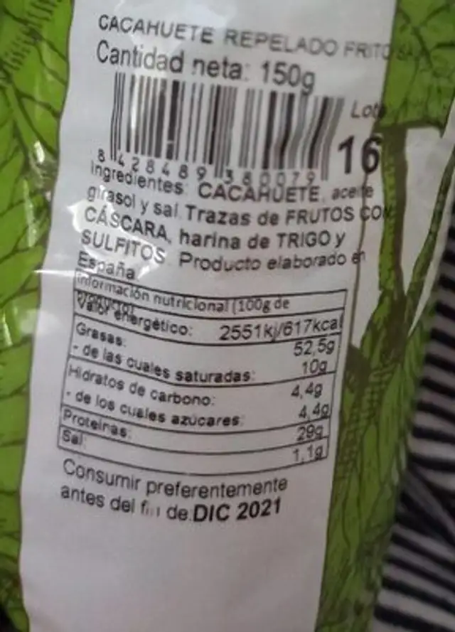 Frutos secos nutrition facts table