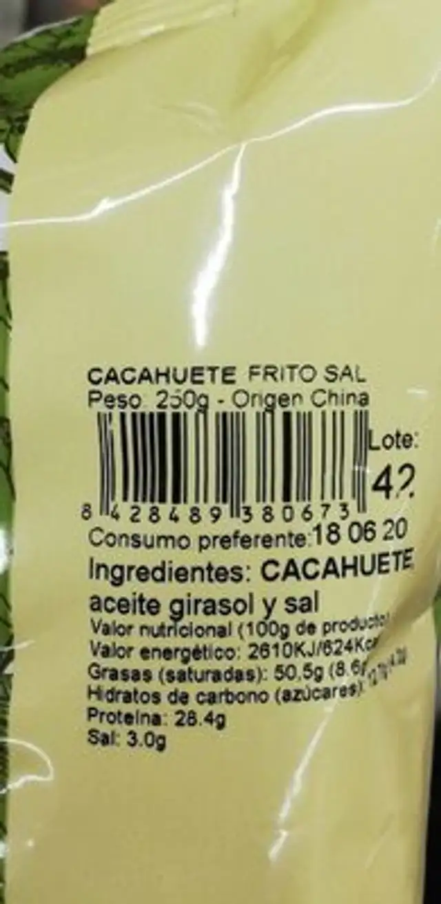 Frutos secos nutrition facts table