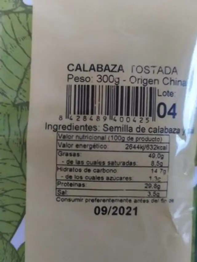 Pipas de calabaza nutrition facts table