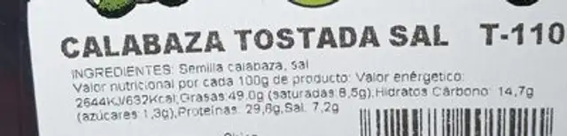 Calabaza tostada nutrition facts table