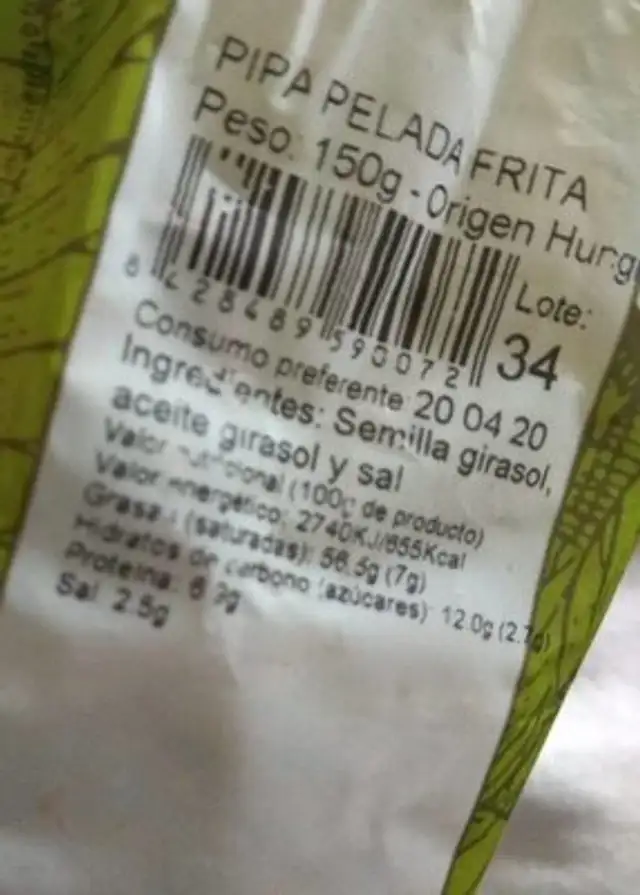 Pipas peladas fritas nutrition facts table