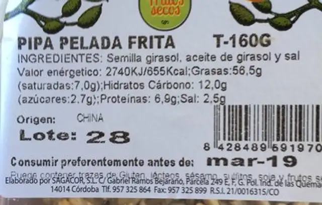 Pipa pelada frita ingredients label
