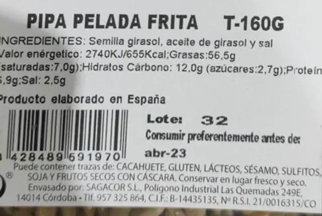 Pipa pelada frita nutrition facts table