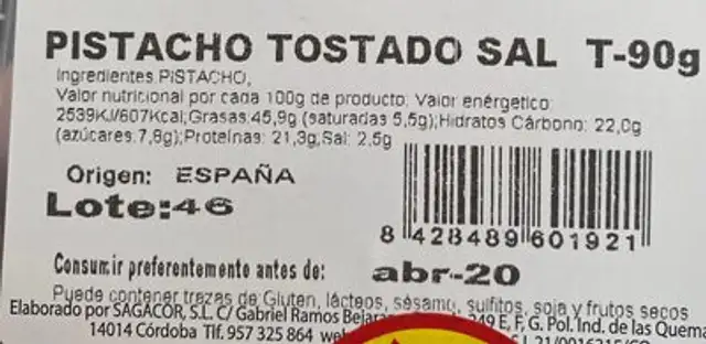 Pistacho tostado sla nutrition facts table