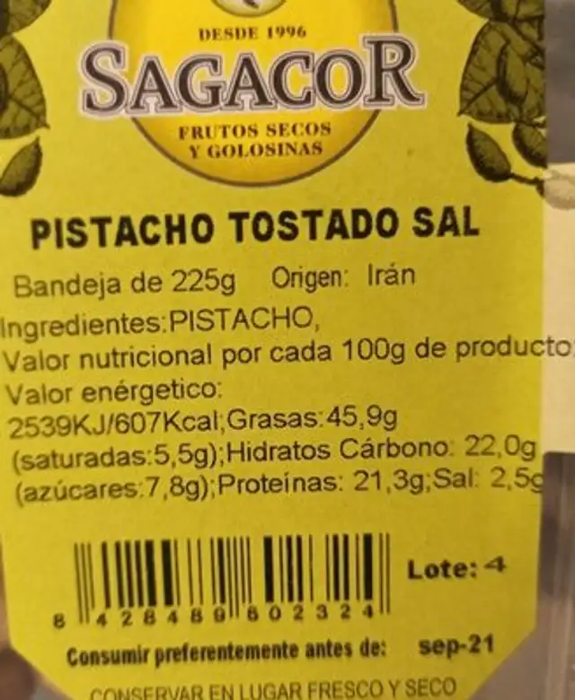 Pistacho tostado sal nutrition facts table