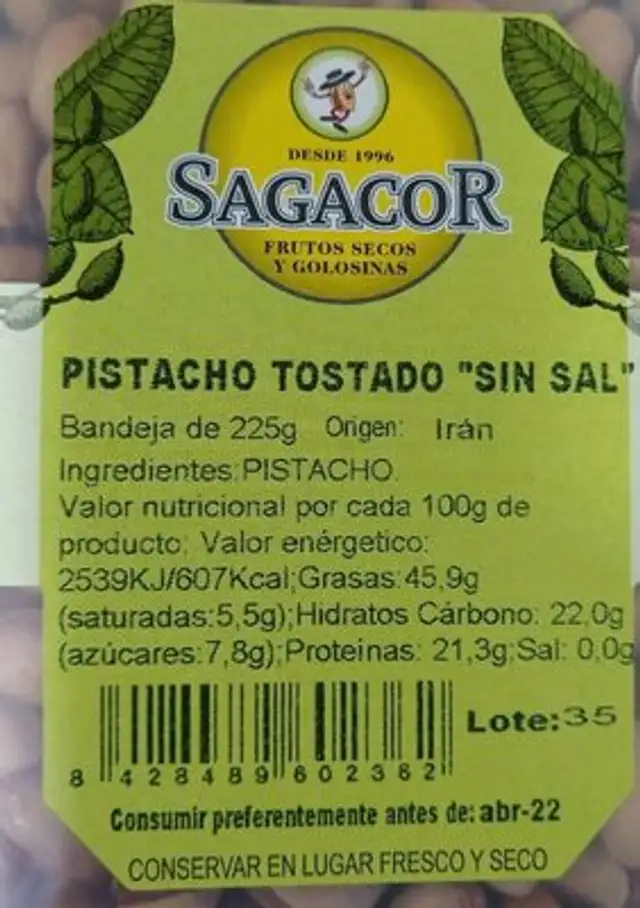 Pistacho tostado "Sin sal" nutrition facts table