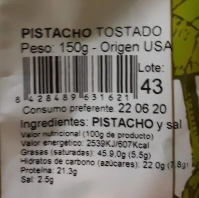 Pistachos nutrition facts table