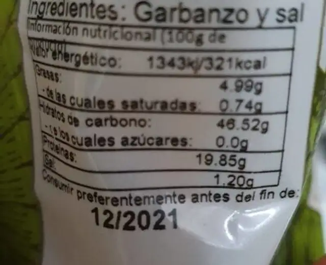 Garbanzo Tostado nutrition facts table