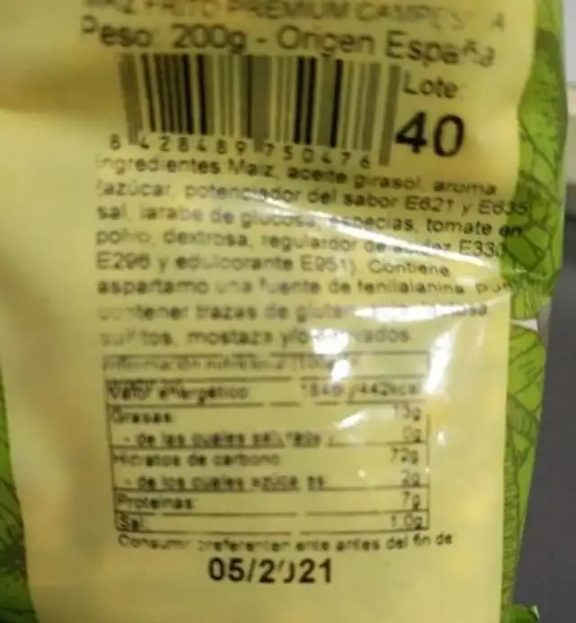 Frutos secos nutrition facts table