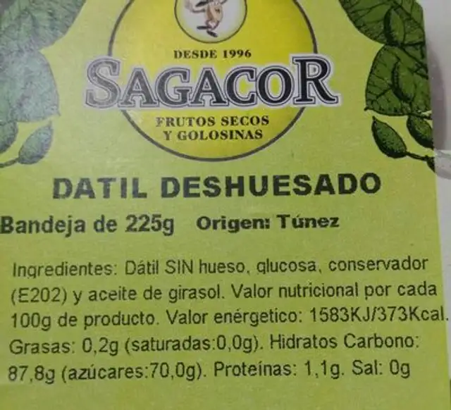 Dátil deshuesado nutrition facts table