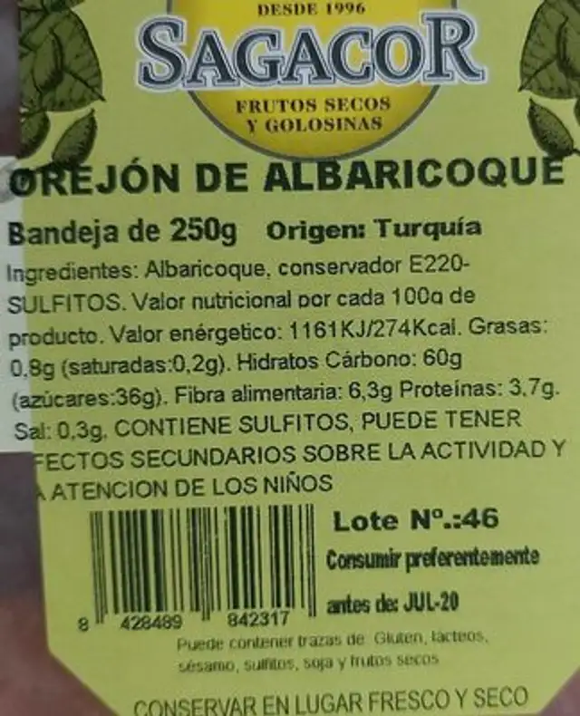 OREJON DE ALBRICOQUE nutrition facts table