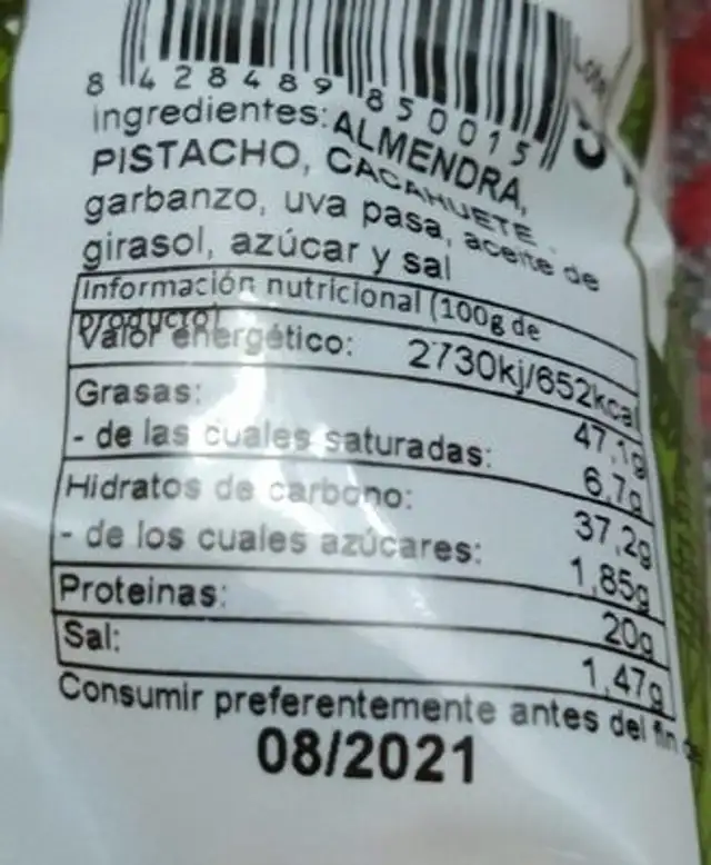 Frutos Secos nutrition facts table