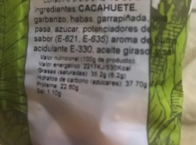 Pasarratos nutrition facts table