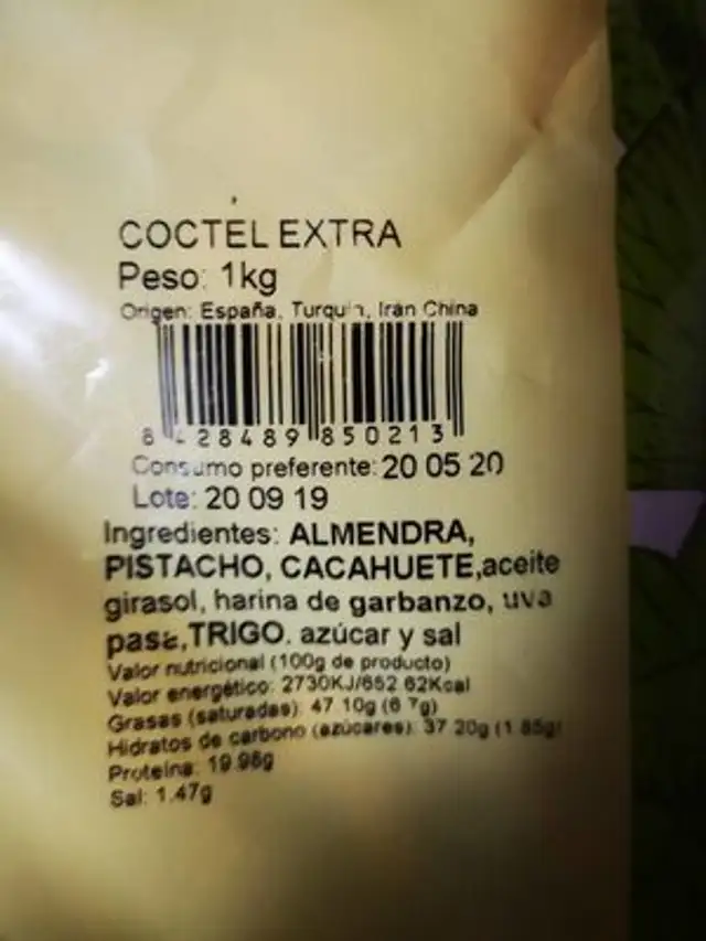 Frutos secos nutrition facts table