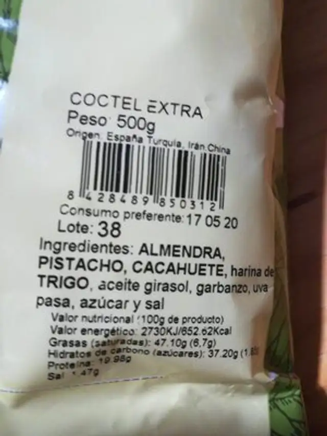 Frutos secos nutrition facts table