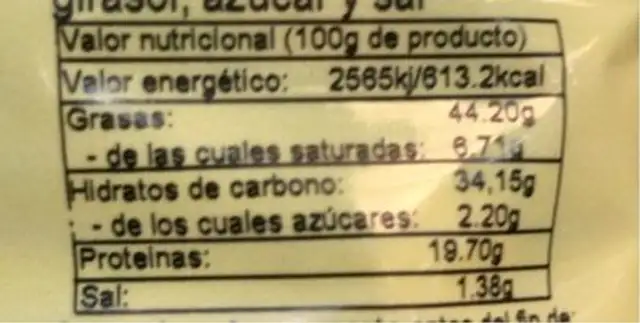 Frutos secos nutrition facts table