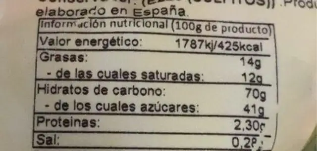 Frutos secos nutrition facts table
