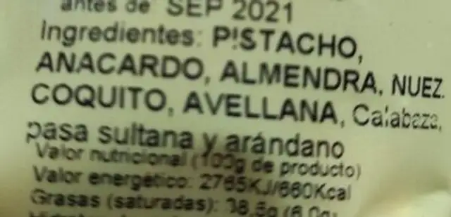 Frutos secos ingredients label
