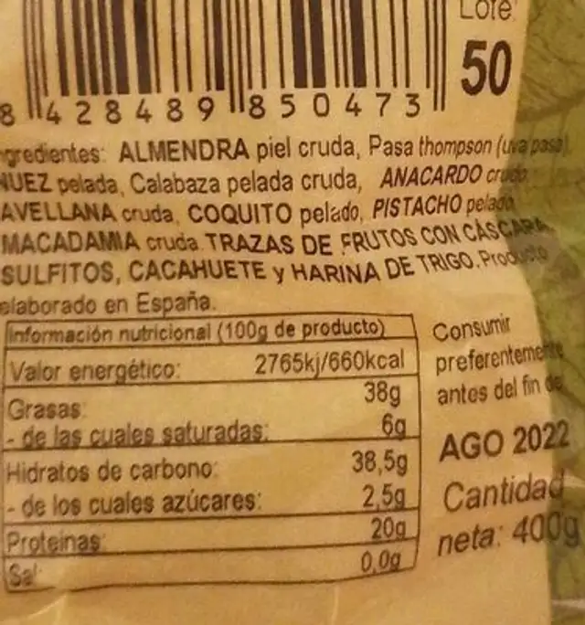 Frutos secos nutrition facts table