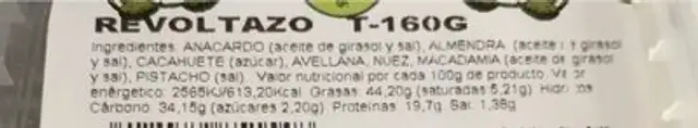 Revoltazo nutrition facts table