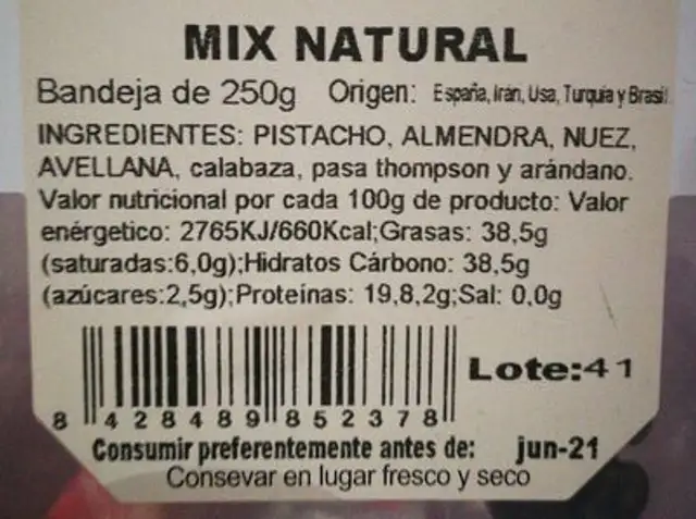 Mix natural nutrition facts table