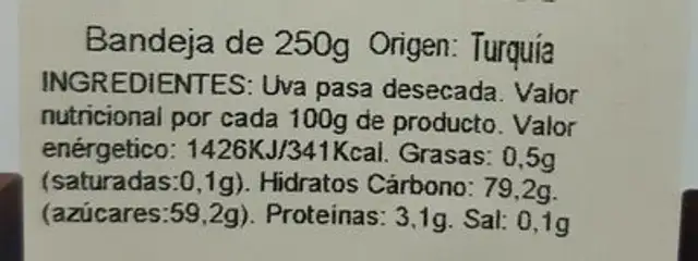 Pasa sultana nutrition facts table