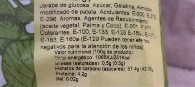 Golosinas Sagacor nutrition facts table