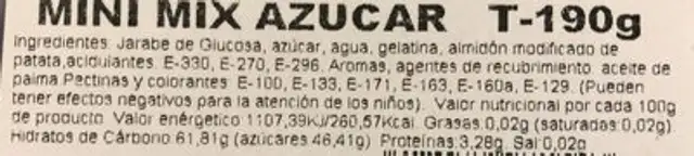 MINI MIX AZUCAR nutrition facts table