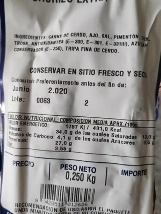 Chorizo Extra nutrition facts table
