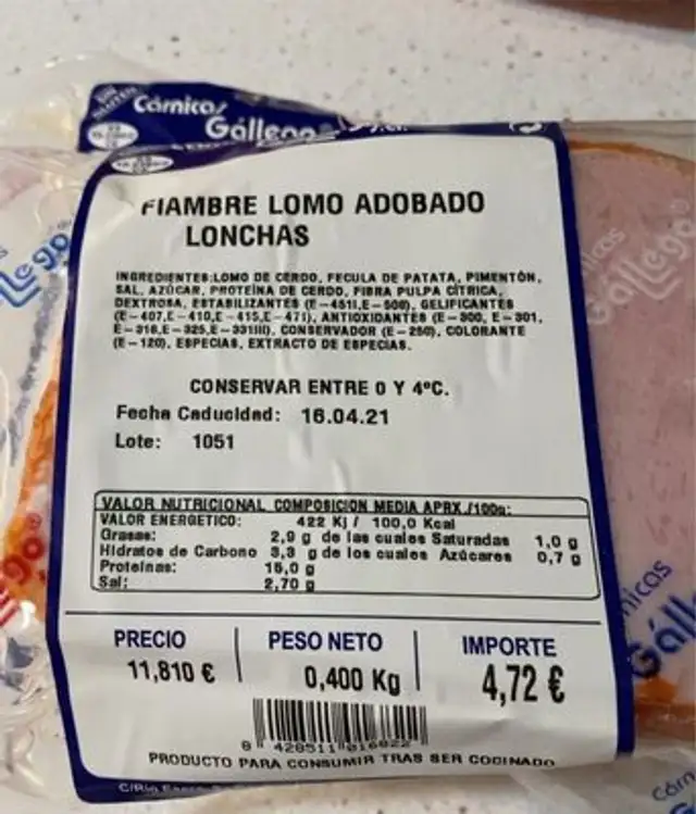 Fiambre lomo adobado nutrition facts table